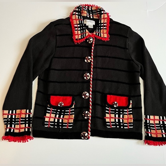 Jack B. Quick Sweaters - Vintage Jack B Quick Whimsical Retro Black Cardigan Candy Cane plaid multi trim